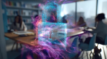 Digital security concept with glowing lock hologram in modern workspace