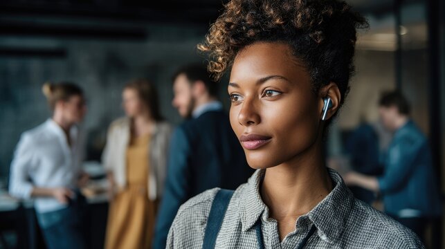 Young african female professional with curly hair wearing earbuds in office environment - Powered by Adobe