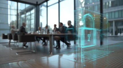 Futuristic office conference with holographic lock security in modern business environment