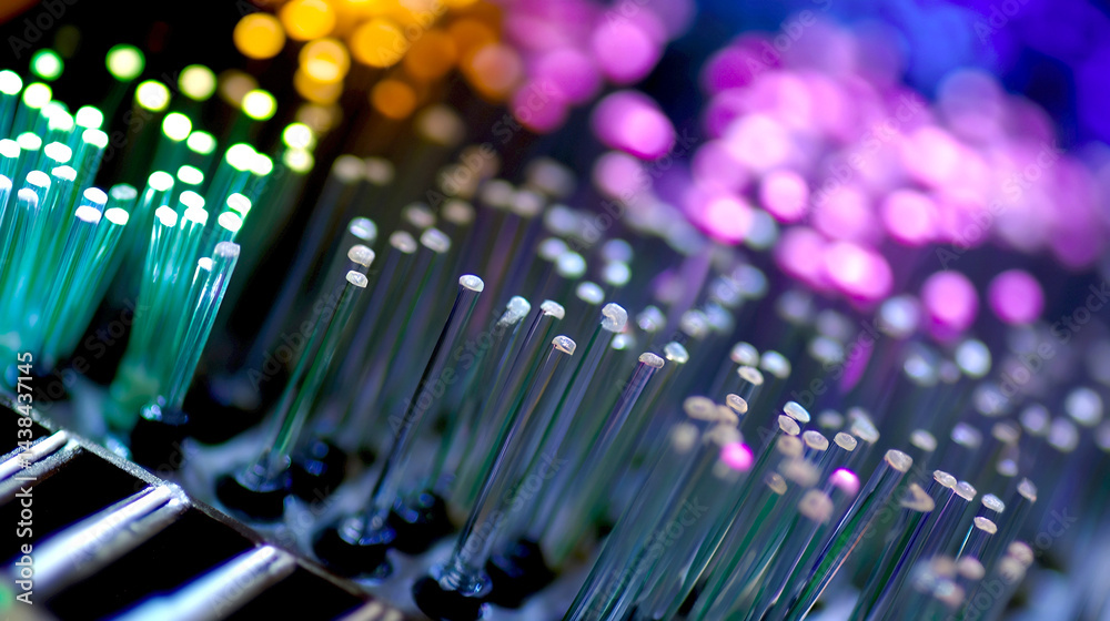 Poster closeup view of colorful fiber optic cables with shimmering lights for hightech innovation : generat