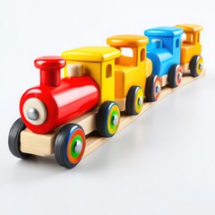 Fototapeta premium Colorful wooden toy train close up on white background