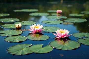 Water lilies forming a floral pattern across a still lake, landscape, design, beauty