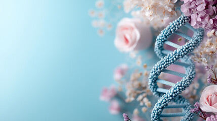 A blue and pink flower arrangement with a DNA strand in the middle