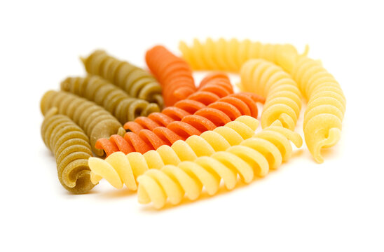 Fusilli tricolore pasta isolated on white background