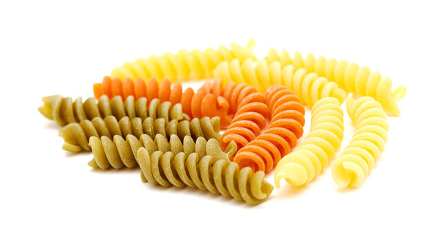 Fusilli tricolore pasta isolated on white background