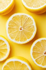 Brightly sliced lemons arranged artistically on vibrant yellow background showcasing fresh citrus fruit with juicy texture and refreshing summer vibes for culinary inspiration