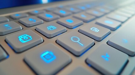 Obraz premium Close-up illuminated keyboard keys; online search; technology background; website design