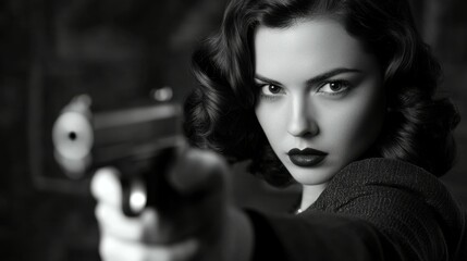 A beautiful 1940s woman pointing a handgun at the camera. Brunette woman in black and white photography. Femme fatale in film noir style.