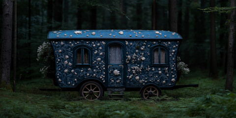 A blue trailer with a lot of decorations on it