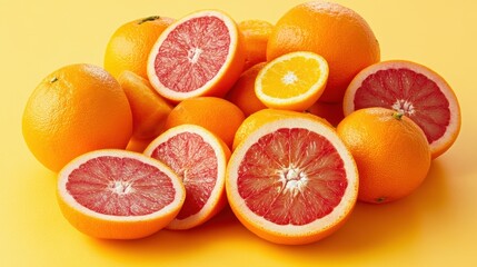 Fototapeta premium Vibrant citrus display: fresh oranges and slices on a bright yellow background.