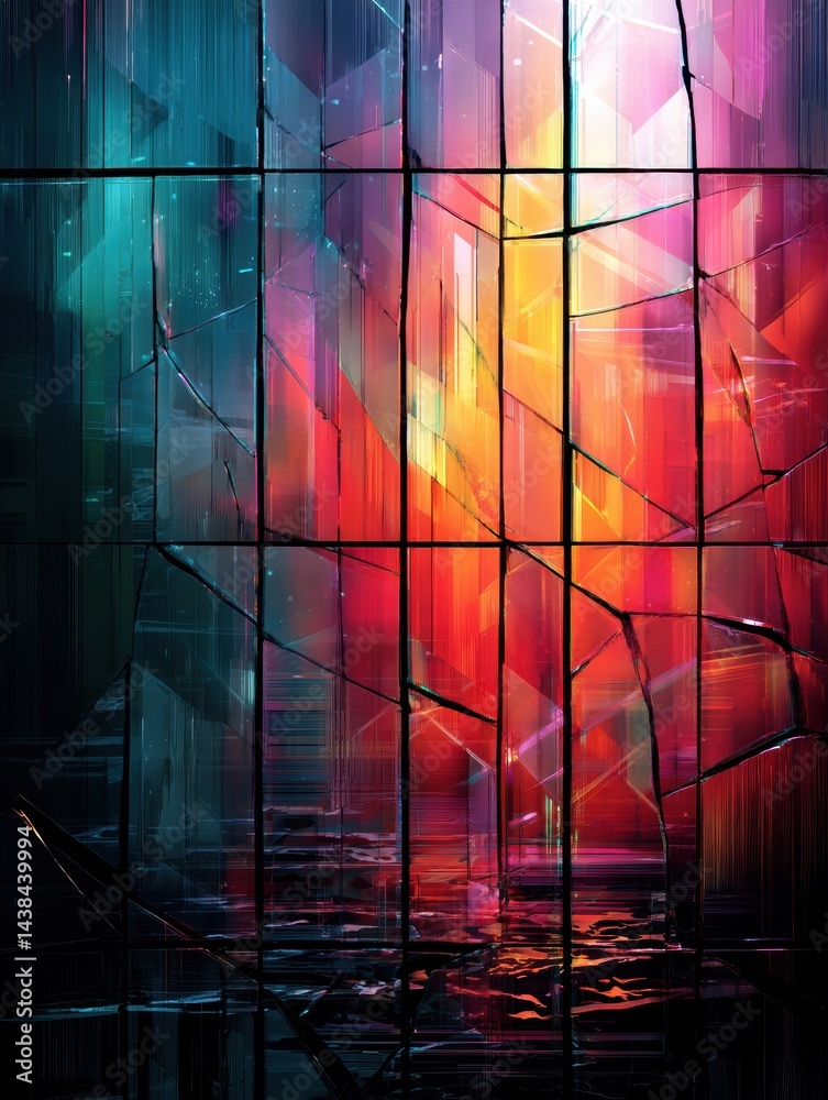 Poster stylized screen with broken glass creating glitch effects, symbolizing technologys fragility