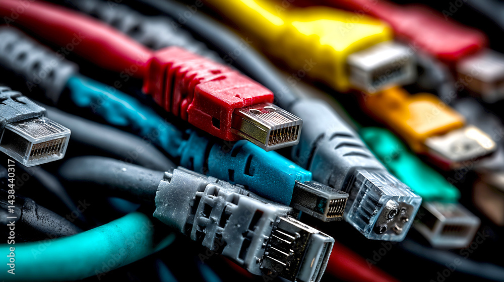 Aufkleber close up view of tangled colorful network cables for technology and connectivity : generative ai