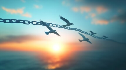 Birds fly free, breaking chains at sunset; hope, freedom concept