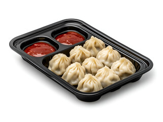 Nepalese traditional dumpling momos (steamed / fried) served with tomato chutney, Shewan sauce, isolated on white background.