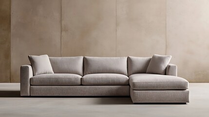 Fototapeta premium Stylish Three-Seater Sofa with Chaise Lounge and Throw Pillows in a Modern Neutral Interior Design Setting.