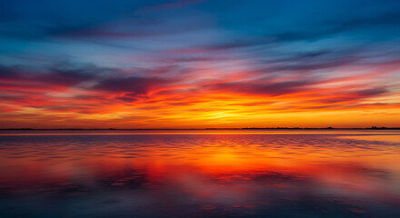 Colorful Sunset Reflection over Calm Water, Perfect for Website Headers and Backgrounds, Social Media Posts