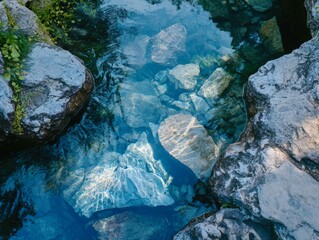 Flowing Clarity of an Ancient Stream Adorned With Shimmering Reflections and Smooth Stones Under Gently Filtering Sunlight