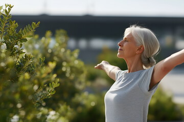 Senior woman practicing gentle yoga outdoors with a serene expression  