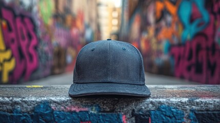 Baseball cap mockup in urban streetwear style with graffiti backdrop