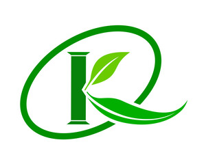 Eco-friendly letter K logo vector with green leaf element isolated on white background. Perfect for organic brands, agricultural companies, environmental organizations, and health products.