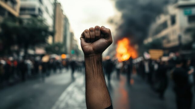 A raised fist of a protestor at a violent political demonstration