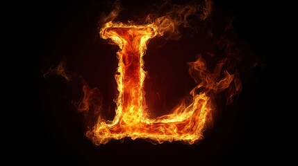Fiery letter L, burning alphabet, dark background, design element
