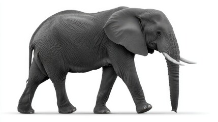 Fototapeta premium Elephant walking rightward in profile view with full body visible on white background displaying strength grace scale and wild resilience in motion
