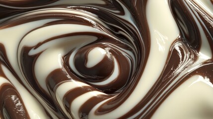 Creamy Chocolate and Vanilla Swirl Creates a Glossy Spiral of Indulgence, Blending Rich Textures and Colors on a Smooth Surface