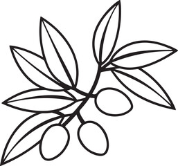 olives twigs and leaves line art, black outline, vector and illustration, coloring book page line art drawing