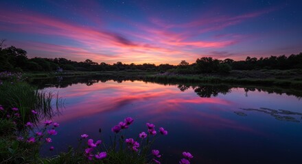 The calm lake reflects a bright pink-purple evening sky with the first stars and moon, surrounded by dark silhouettes of trees and blooming wildflowers in the foreground.