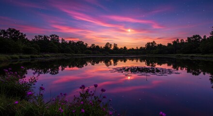 The calm lake reflects a bright pink-purple evening sky with the first stars and moon, surrounded by dark silhouettes of trees and blooming wildflowers in the foreground.