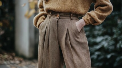 woman wearing mocha mousse colored cashmere sweater paired with tweed trousers, fashion forward urban style, 2025 color