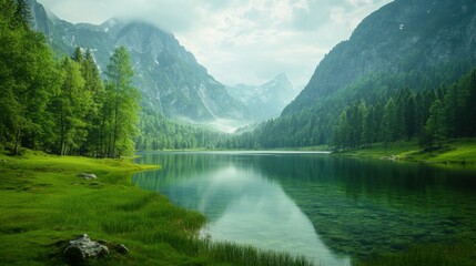 This outdoor travel scene features green grass and a mountain lake set against a forest backdrop. Additionally, there is a river with clear water and a stunning valley.