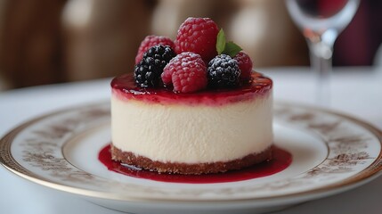 **Decadent New York Cheesecake With A Rich, Creamy Texture, Topped With A Raspberry Coulis And Fresh Berries, Served On A Decorative Plate, Perfect For Dessert Ad --Ar 16:9 --S 250** - @Darya (Relaxed