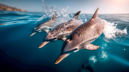 Fototapeta premium Three playful dolphins swimming in crystal clear water showcasing marine life and aquatic beauty : Generative AI