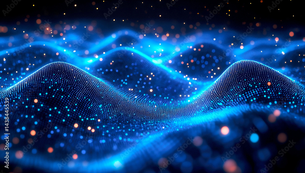 Poster Stunning abstract wave patterns of glowing lights creating a mesmerizing digital landscape background : Generative AI