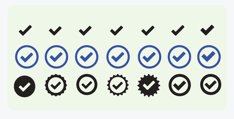Check Mark Icons Set – Quality Approval and Checklist Symbols in Flat Style, check, mark, tick, symbol, approval, checklist, quality, icon, flat, set, verify, correct, success, 