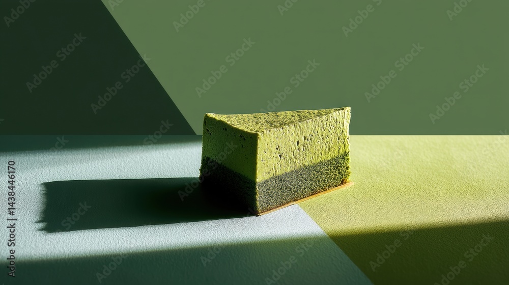 Poster minimalist matcha cake on a pastel background showcasing abstract shadow play in calming green tones