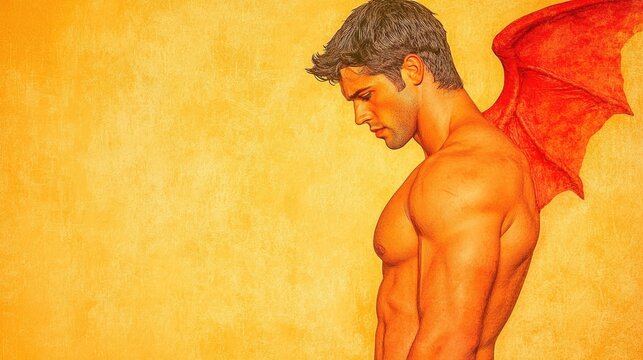 Devilish man with red wings, toned chest, looking down pensively against an orange background