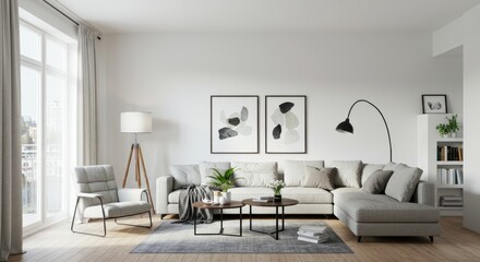 Stylish and bright living room in minimalist Scandinavian style with a gray corner sofa, armchair, wooden coffee tables and abstract paintings on a white wall. Modern and cozy interior for relaxation