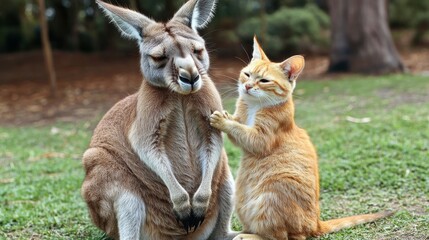 Fototapeta premium Kangaroo Embraces Cat in Unusual Friendship Amidst Natural Surroundings in Australia Capturing a Unique Animal Interaction