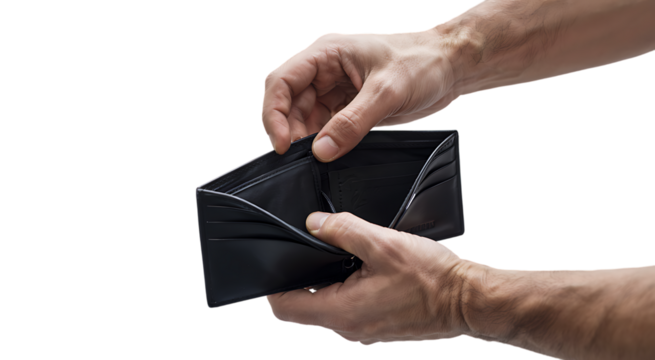 Empty Wallet Held by Male Hands Against Black Background