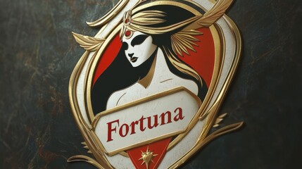 Obraz premium Stylized Emblem Featuring a War Goddess Silhouette for Fortuna in Gold and Black With Red and White Accents Portrayed in a Simple Vector Design