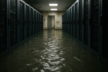 Flooded Data Center with Water in Server Room and Damaged Equipment