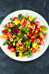 Shrimp Salad Bowl with Fresh Greens and Vegetables.