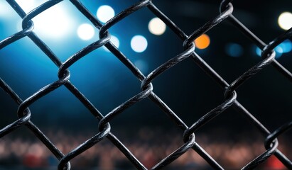 Close-Up of Chain-Link Fence with Blurred Background Lights