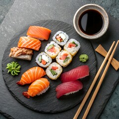 Top-down view of sushi assortment on a slate plate, featuring salmon, tuna, shrimp nigiri, and colorful maki rolls with soy sauce and chopsticks.