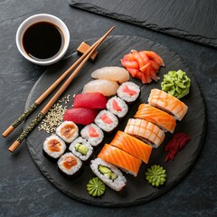 **Top-down view of sushi assortment** on a slate plate, featuring salmon, tuna, shrimp nigiri, and colorful maki rolls with soy sauce and chopsticks.