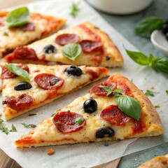 **Close-up flat lay of pizza slices** with bubbling cheese, pepperoni, olives, and basil, presented on parchment paper.