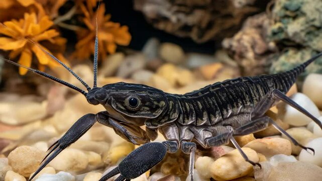 Close-up detailed view of a hellgrammite crawling across tan and white river rocks with flowers and rock background in an aquarium.